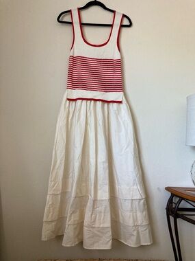 Moon River Cream Maxi Dress with Red Knit Striped Bodice | NWT
